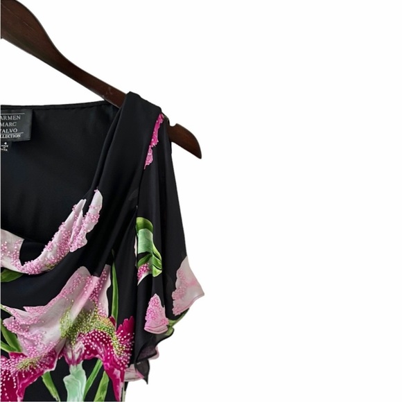 Carmen Marc Valvo Black Floral Print Draped Neck Embellished Silk Top Size 4 - Picture 4 of 8